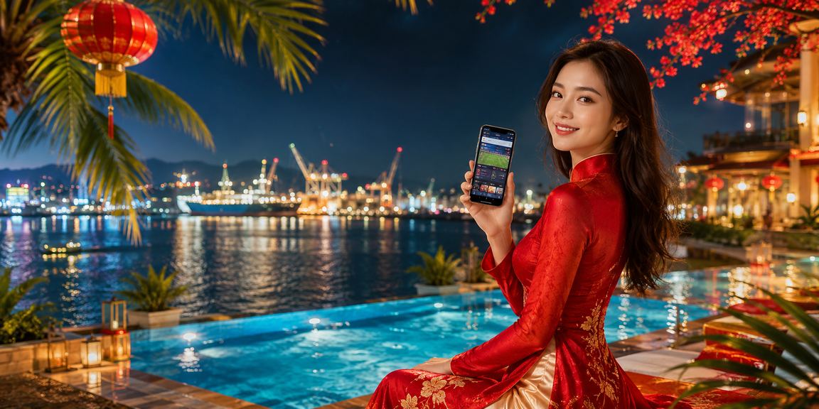 Người dùng tại Hải Phòng theo dõi cá cược thể thao trên điện thoại trong trang phục áo dài